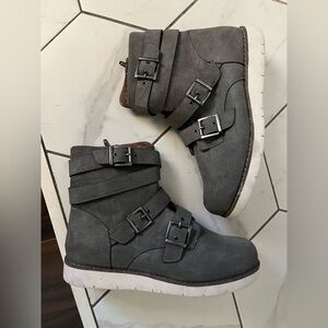 boc Gray Heeled Boots with Buckle Straps
